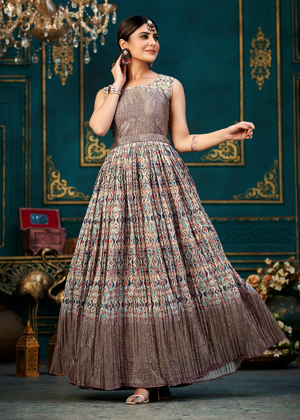 Mauve Multicolor Digital Foil Printed Ready to Wear Gown