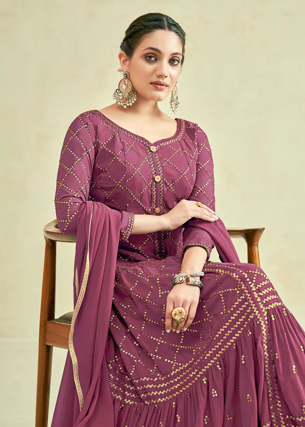 Mauve Real Georgette with Sequins Wedding Festive Gown