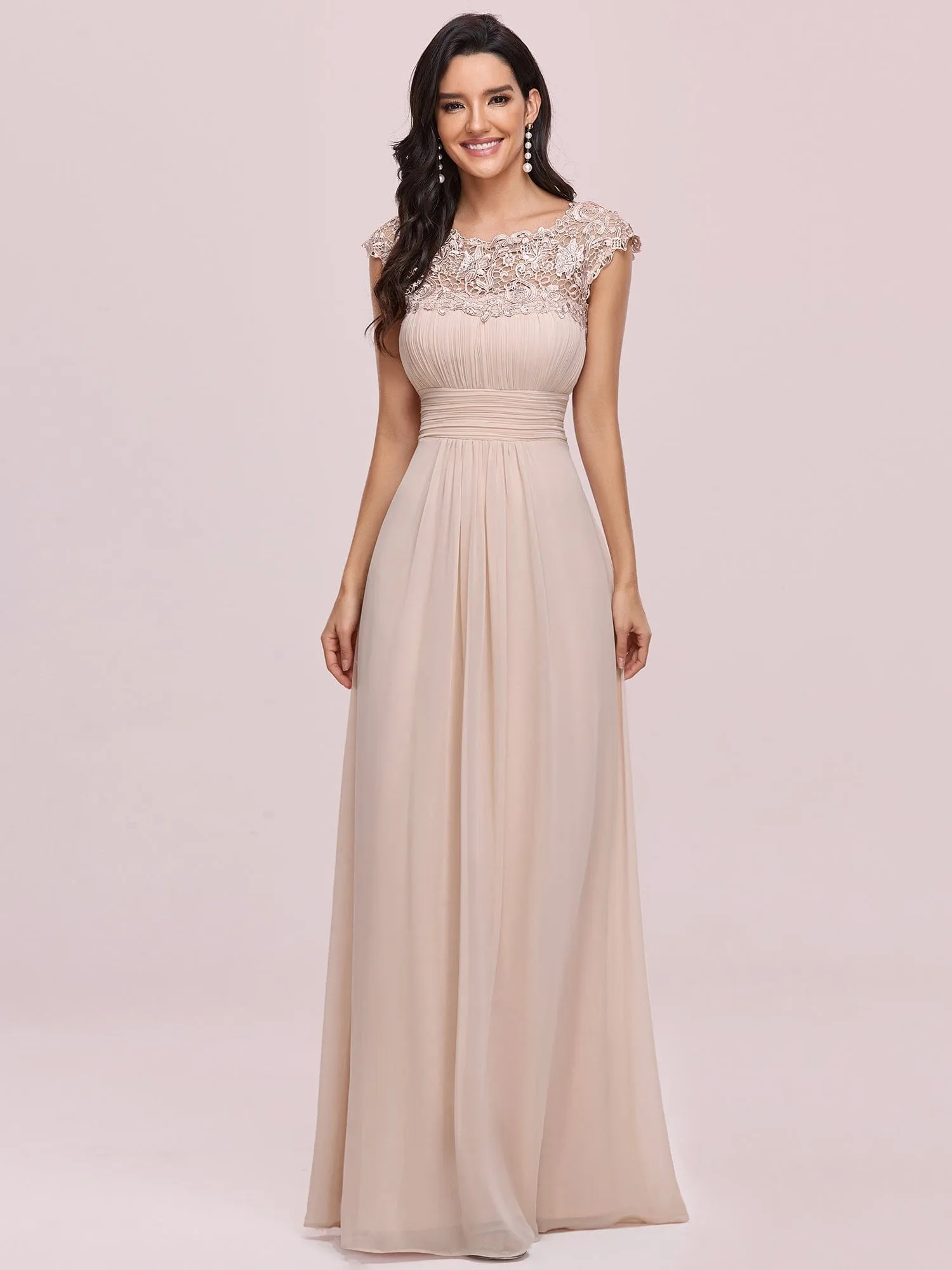 Maxi Lace Cap Sleeve Long Formal Evening Dress