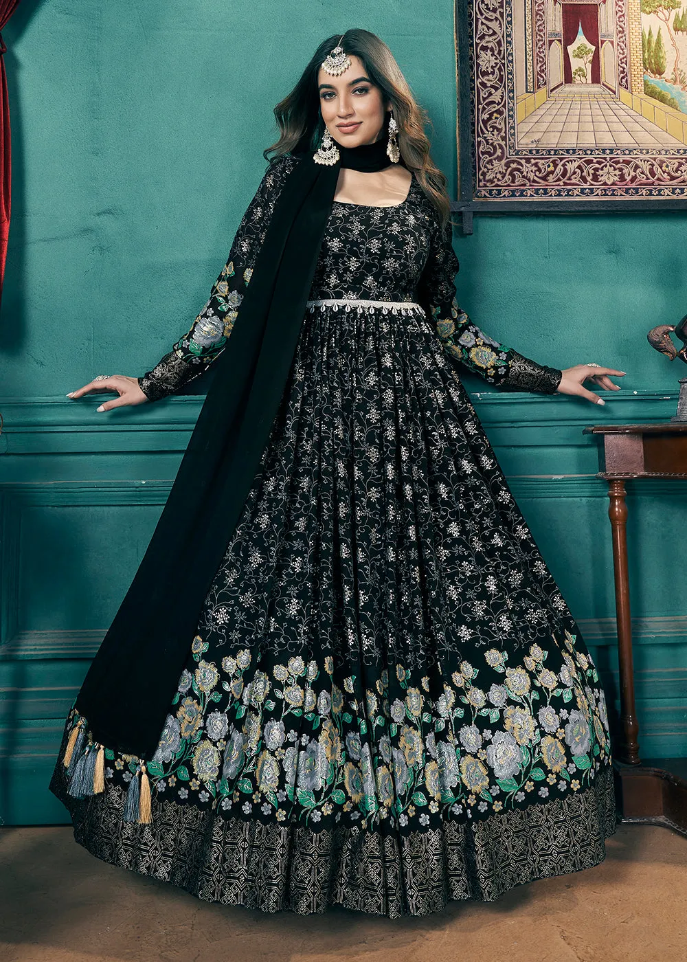 Metalic Foil Work Embroidered Wedding Festive Black Anarkali Gown