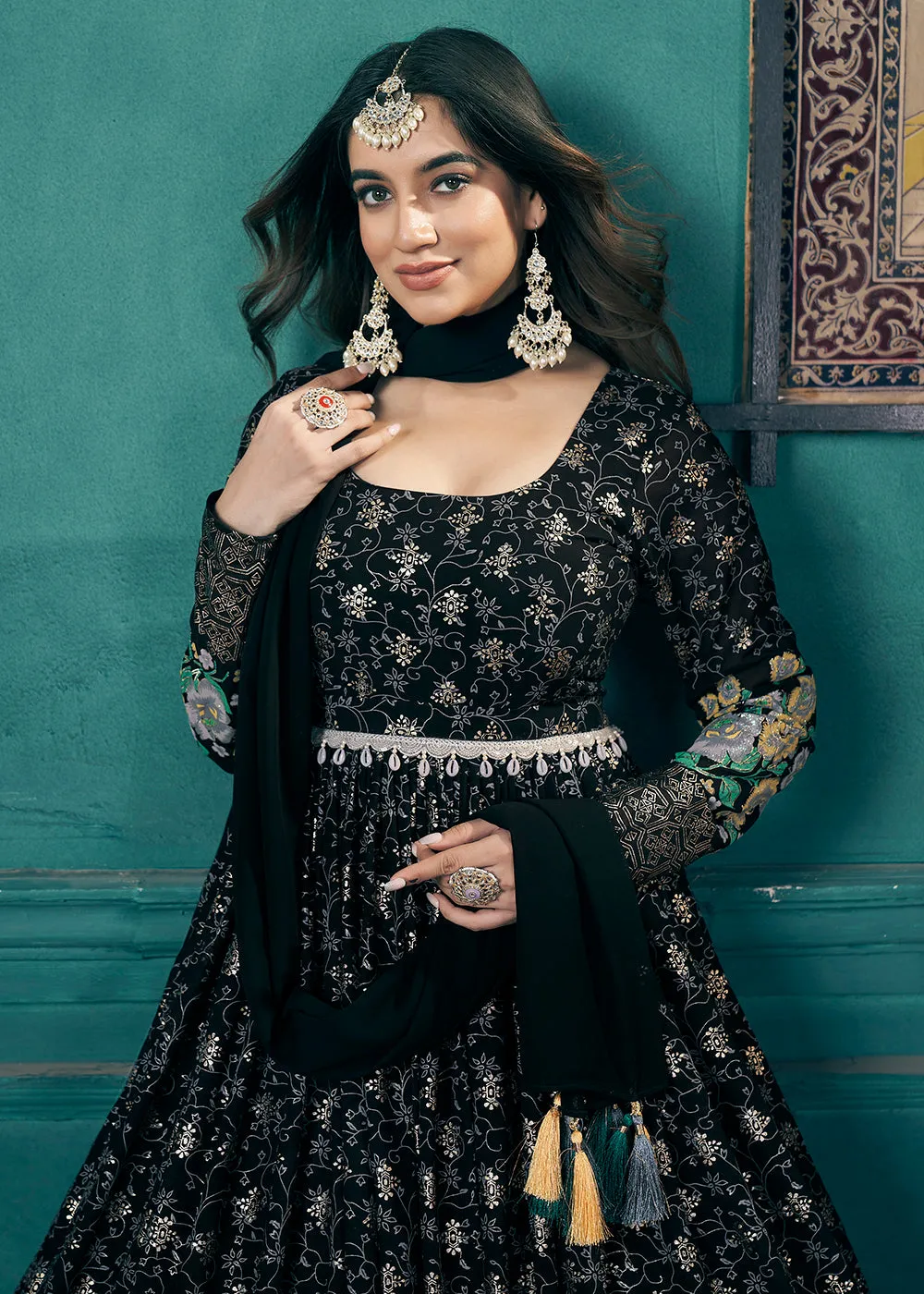 Metalic Foil Work Embroidered Wedding Festive Black Anarkali Gown