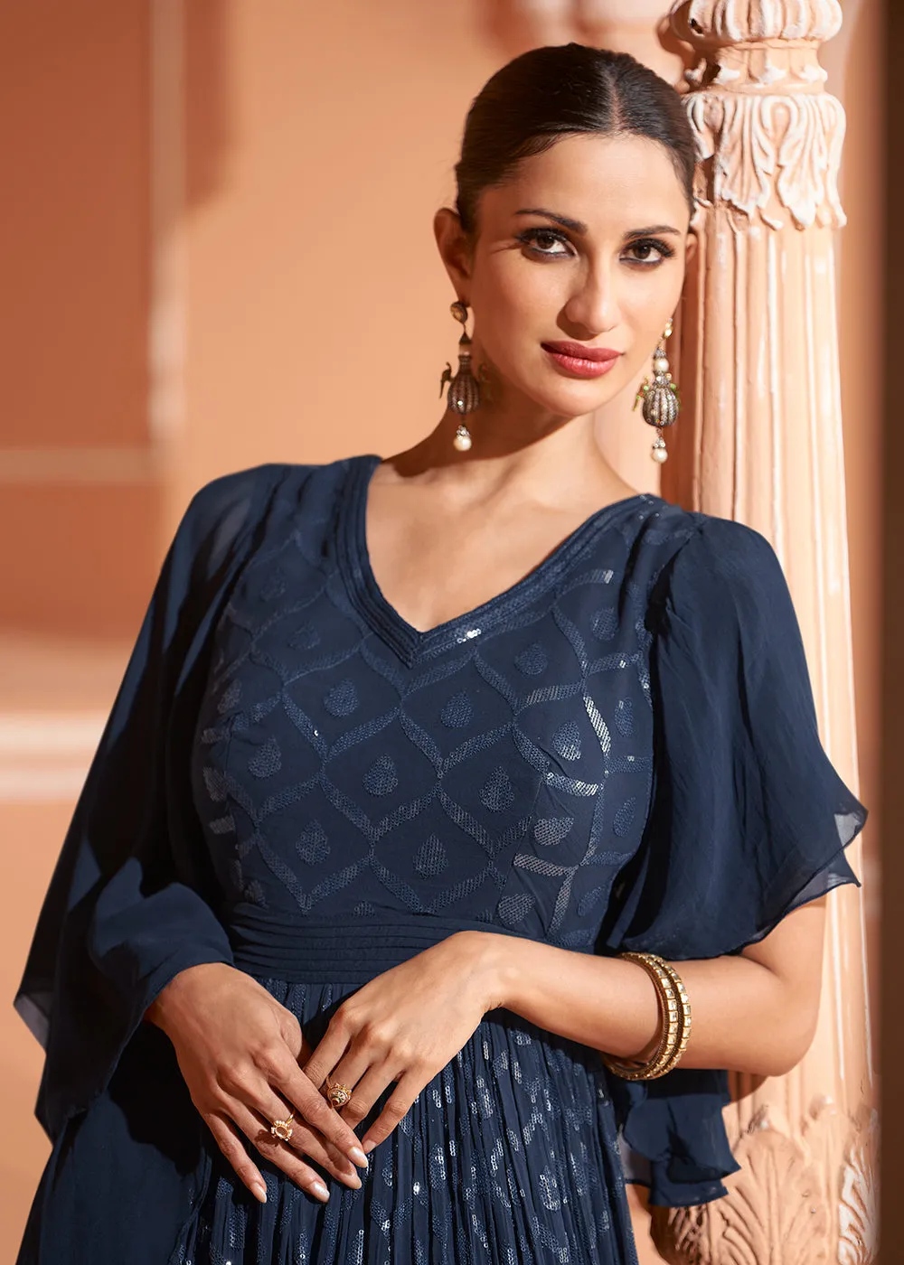 Midnight Blue Georgette Embroidered Party Wear Designer Gown