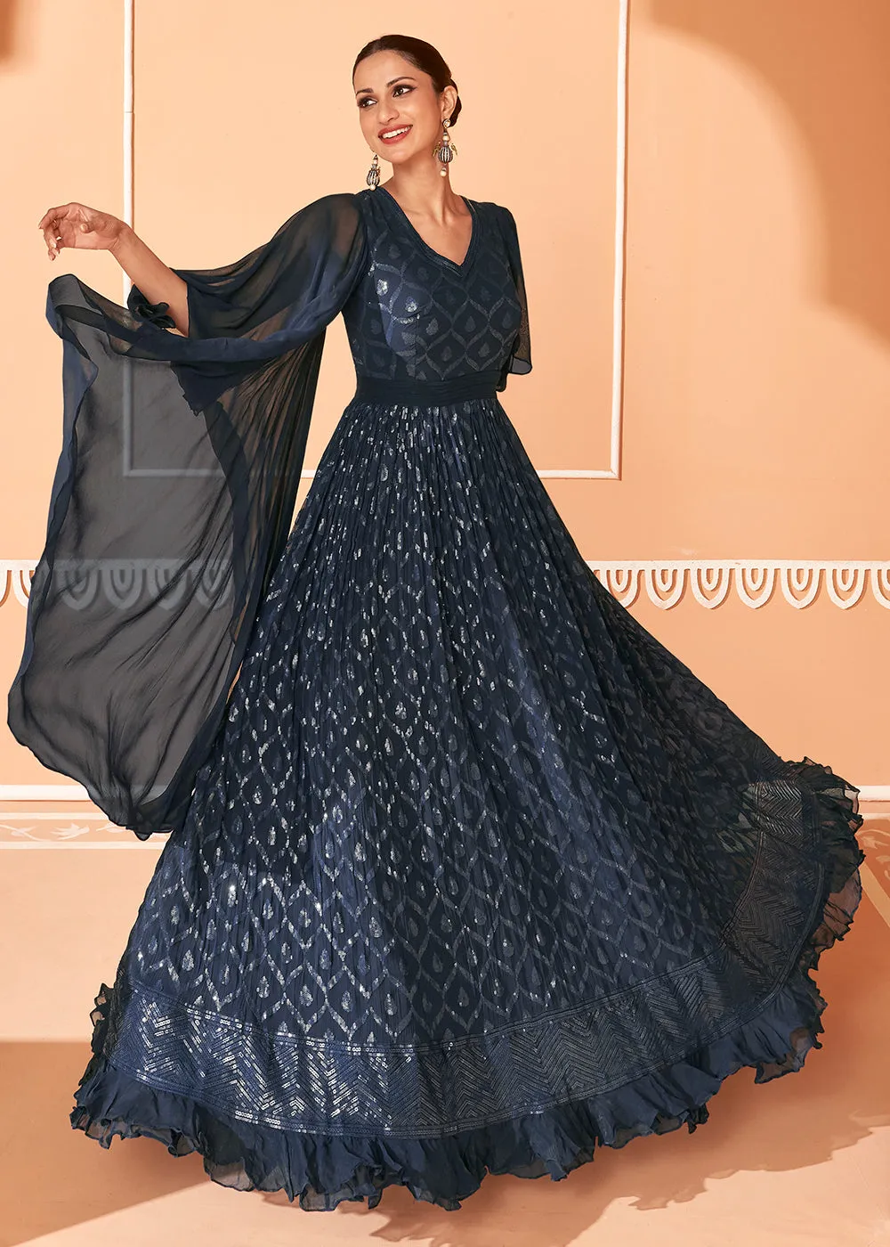 Midnight Blue Georgette Embroidered Party Wear Designer Gown