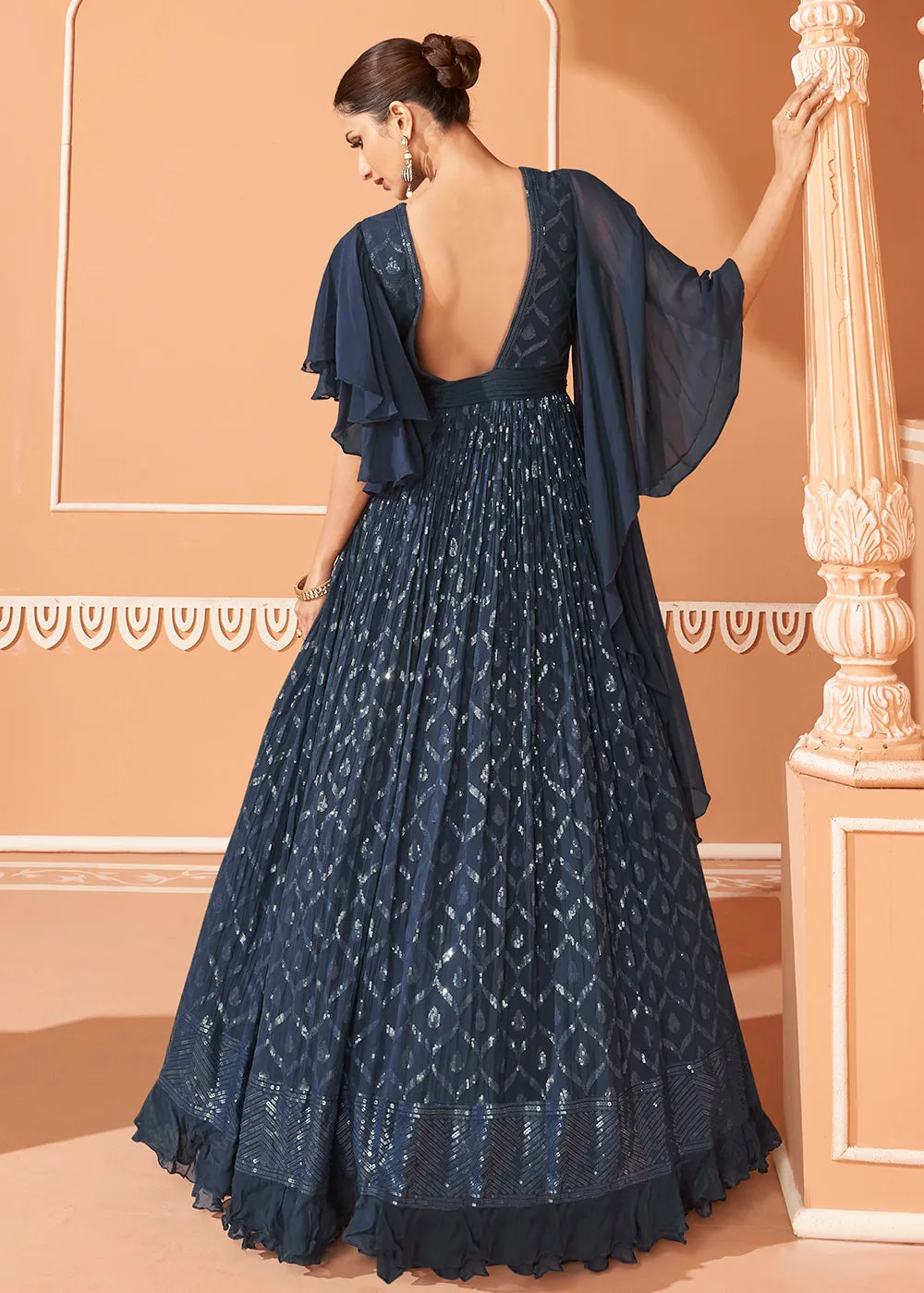 Midnight Blue Georgette Embroidered Party Wear Designer Gown