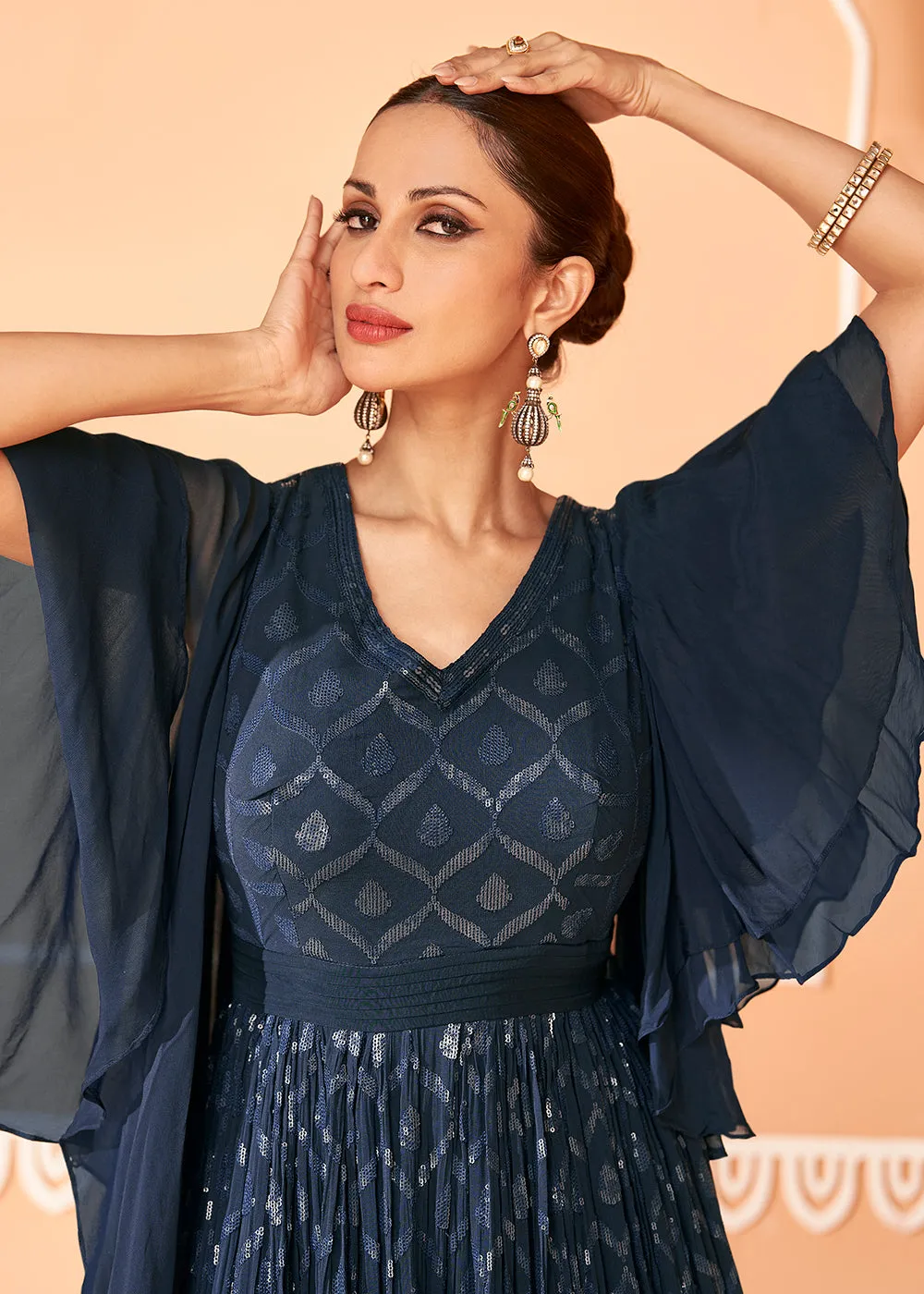 Midnight Blue Georgette Embroidered Party Wear Designer Gown