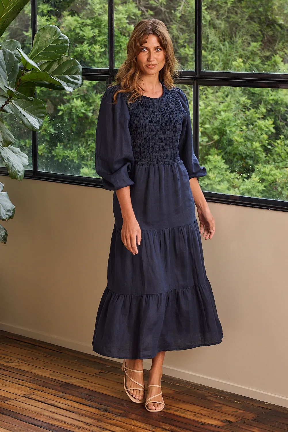 Minden Linen Long Sleeve Shirred Dress in Navy