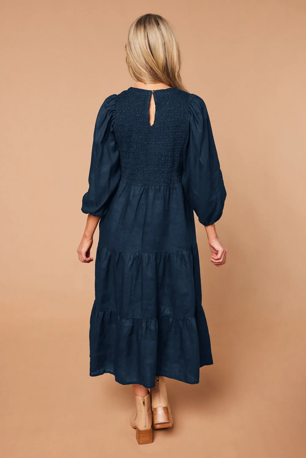 Minden Linen Long Sleeve Shirred Dress in Navy