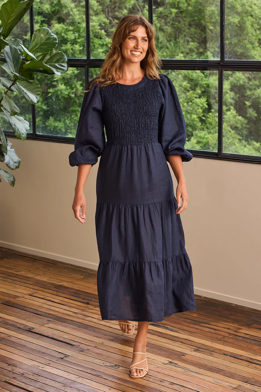 Minden Linen Long Sleeve Shirred Dress in Navy