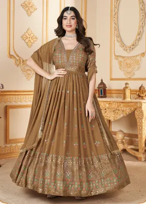 Mustard Metalic Foil Work Embroidered Wedding Festive Anarkali Gown