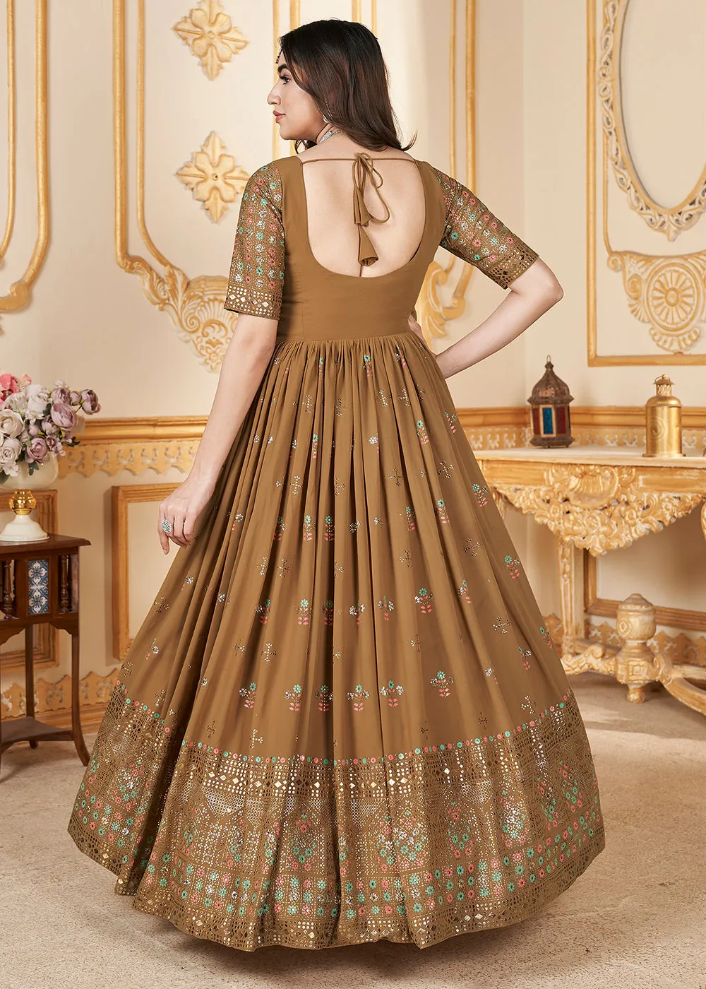 Mustard Metalic Foil Work Embroidered Wedding Festive Anarkali Gown