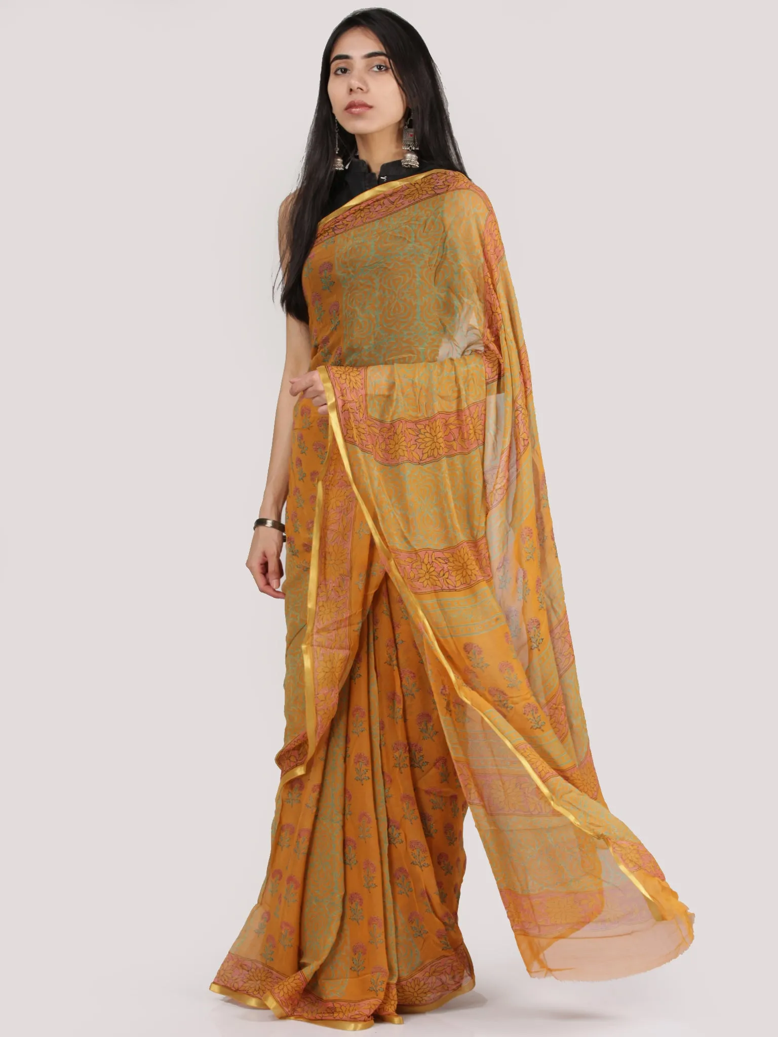 Mustard Yellow Green Red Hand Block Printed Chiffon Saree With Zari Border - S031704706