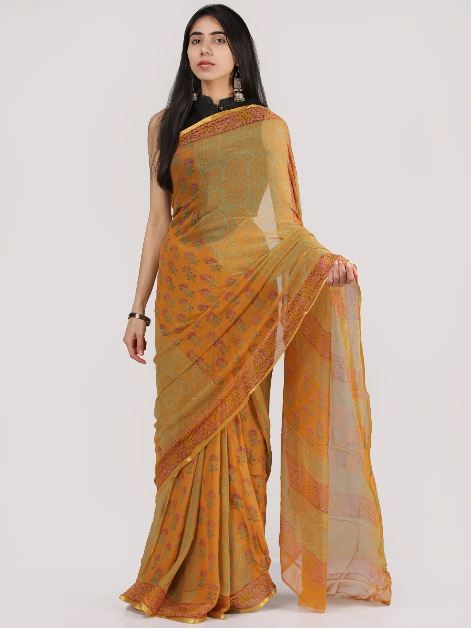 Mustard Yellow Green Red Hand Block Printed Chiffon Saree With Zari Border - S031704706