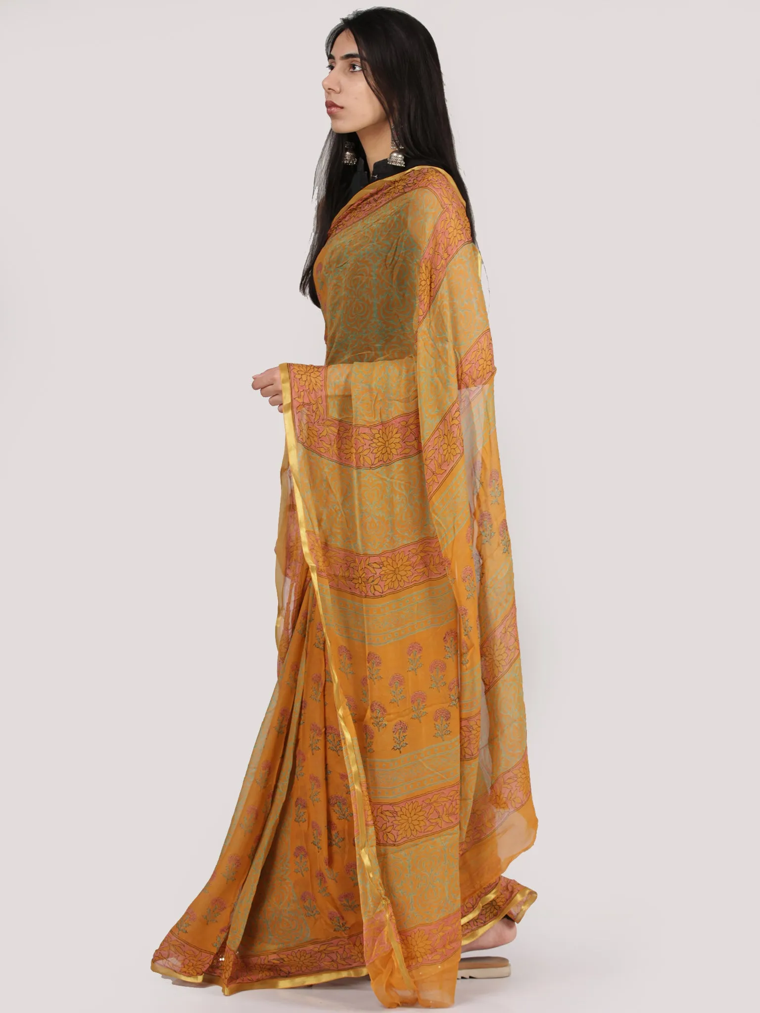 Mustard Yellow Green Red Hand Block Printed Chiffon Saree With Zari Border - S031704706