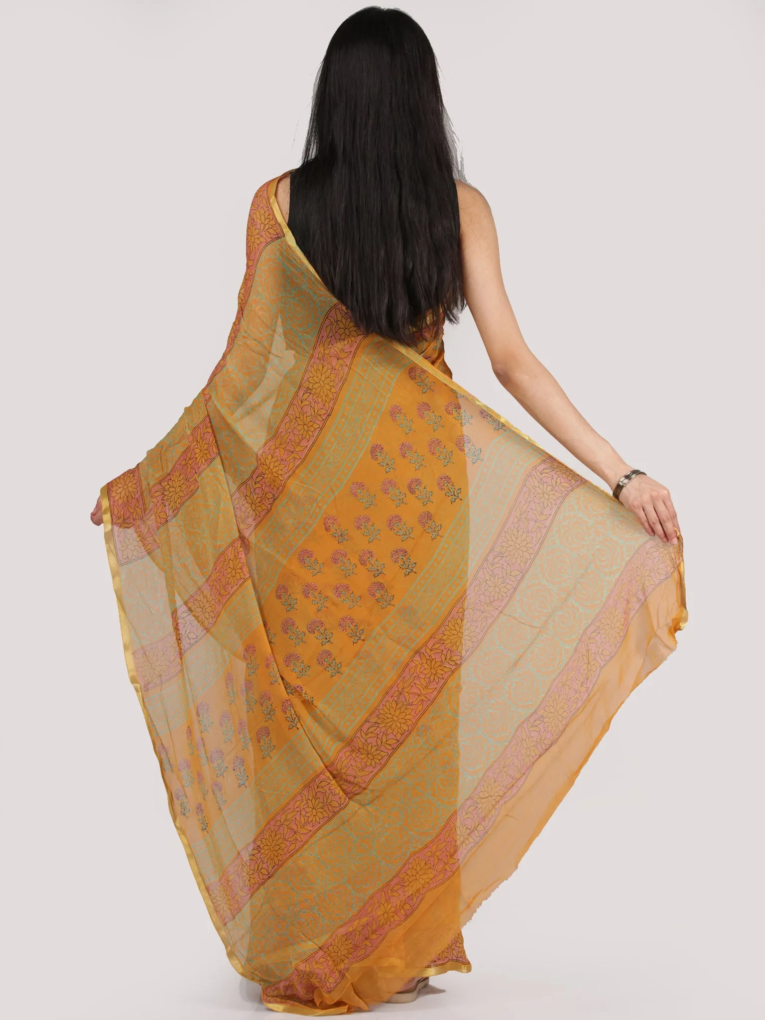 Mustard Yellow Green Red Hand Block Printed Chiffon Saree With Zari Border - S031704706