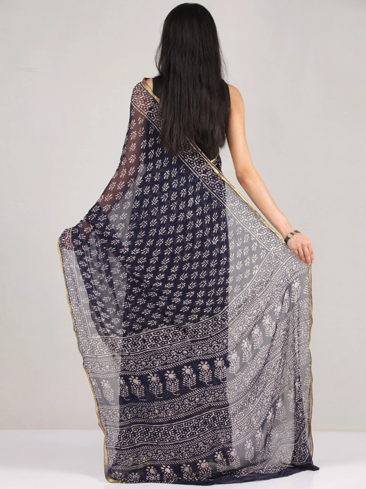 Navy Blue Offwhite Hand Block Printed Chiffon Saree With Zari Border - S031704681