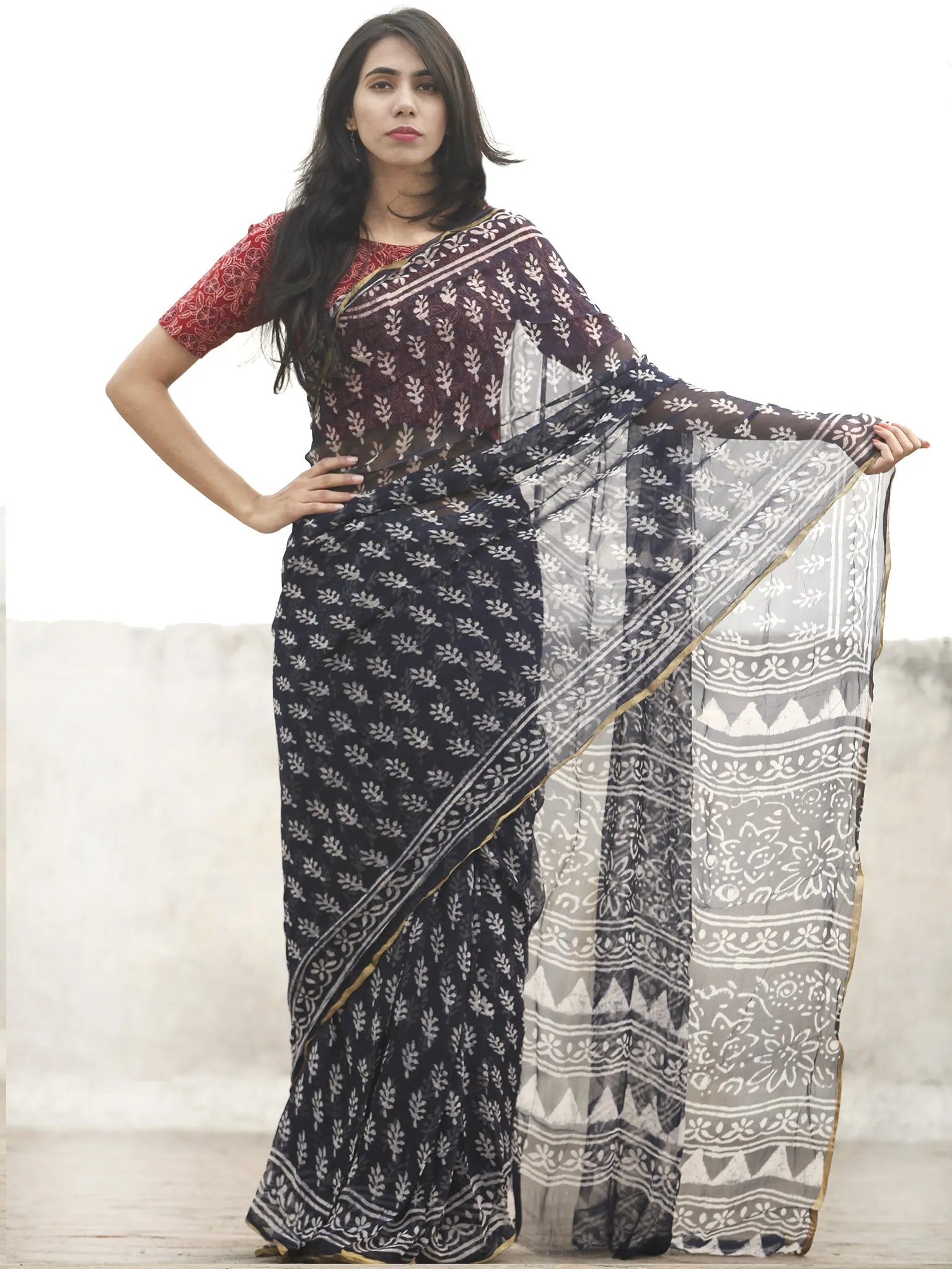 Navy Blue white Hand Block Printed Chiffon Saree With Zari Border - S031702603