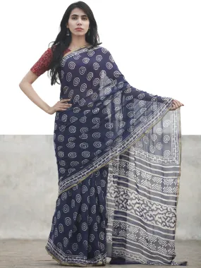 Navy Blue White Hand Block Printed Chiffon Saree With Zari Border - S031702608