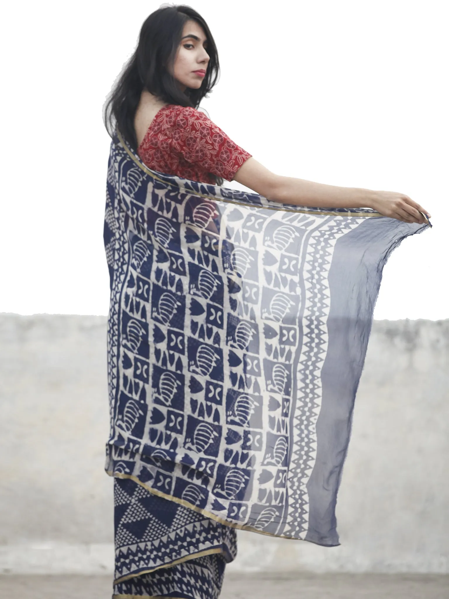 Navy Blue white Hand Block Printed Chiffon Saree With Zari Border - S031702611