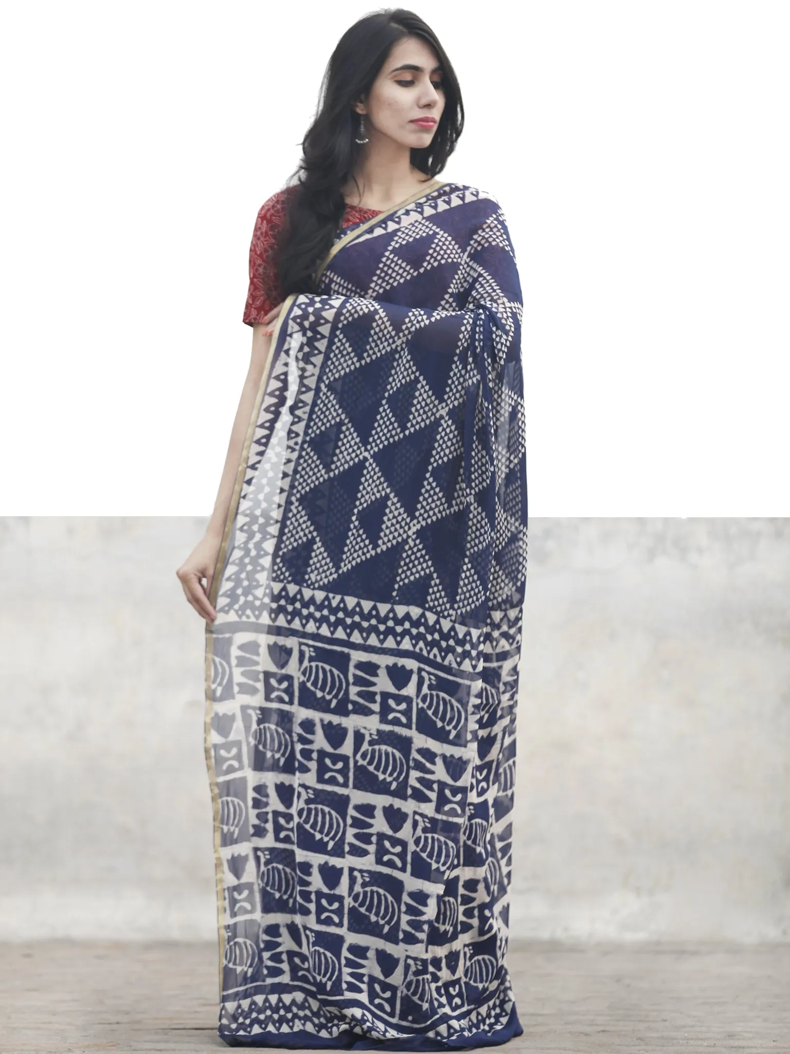 Navy Blue white Hand Block Printed Chiffon Saree With Zari Border - S031702611