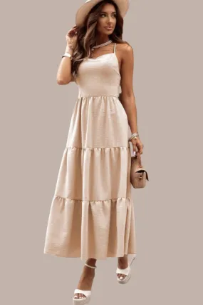 Oatmeal Creamy Crossover Backless Bodice Tiered Maxi Dress