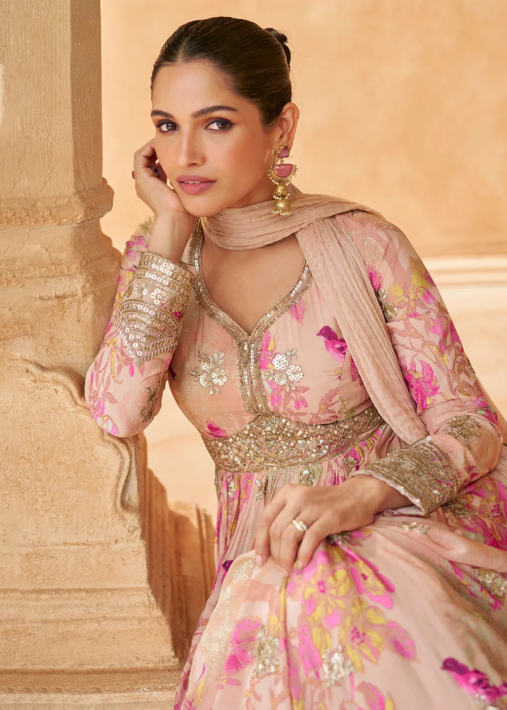 Peach Digital Printed Embroidered Chinnon Silk Anarkali Gown