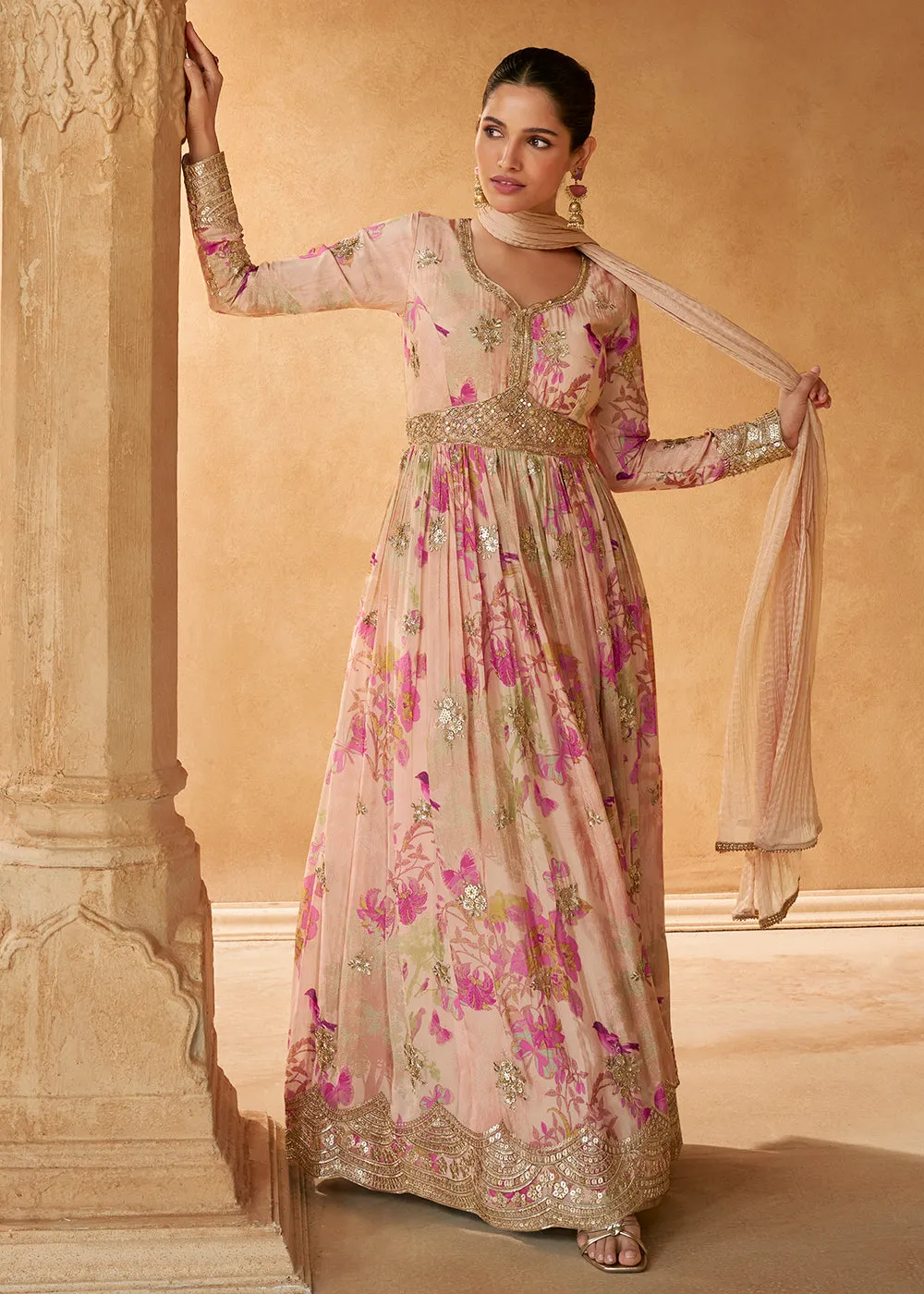 Peach Digital Printed Embroidered Chinnon Silk Anarkali Gown