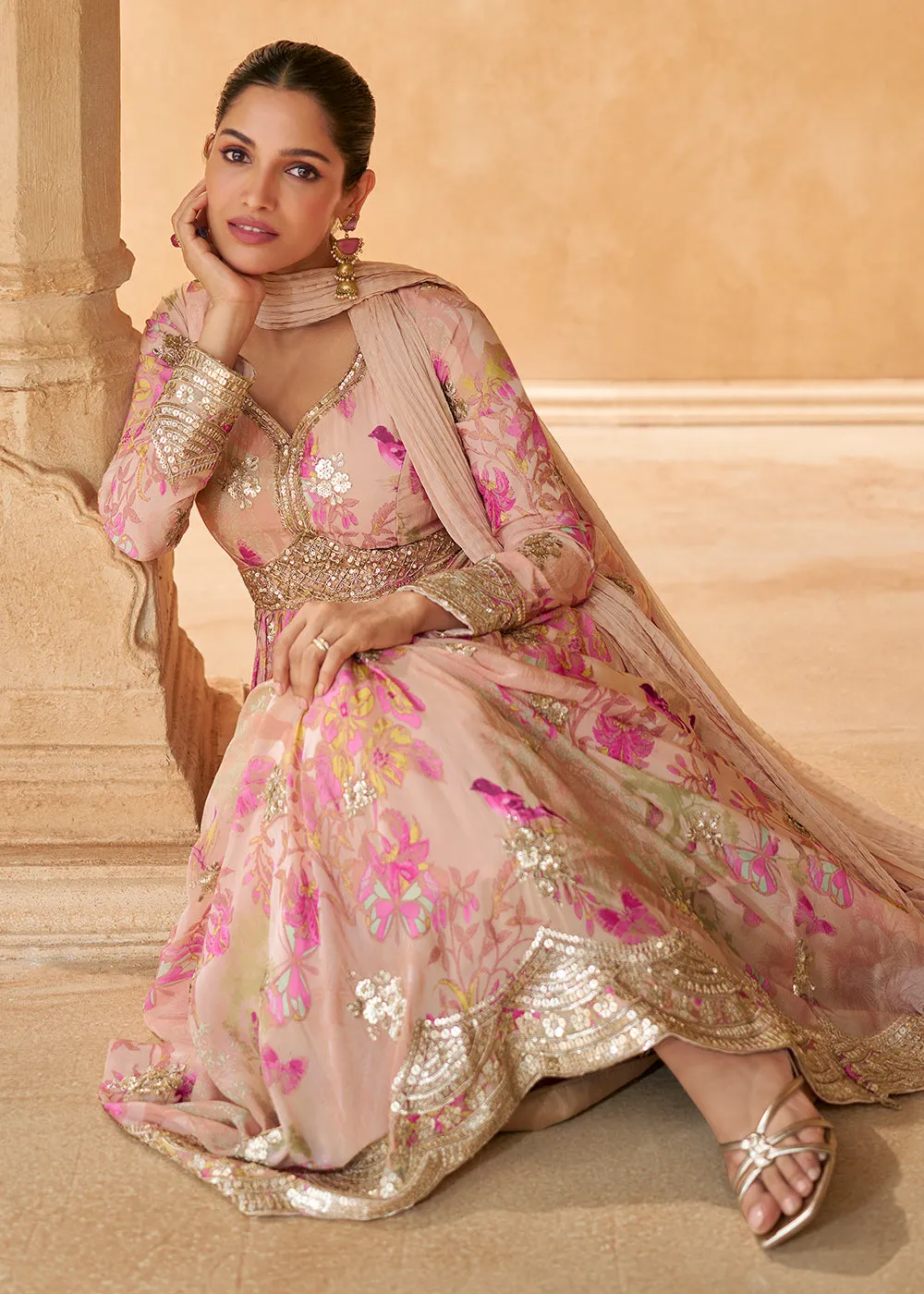 Peach Digital Printed Embroidered Chinnon Silk Anarkali Gown