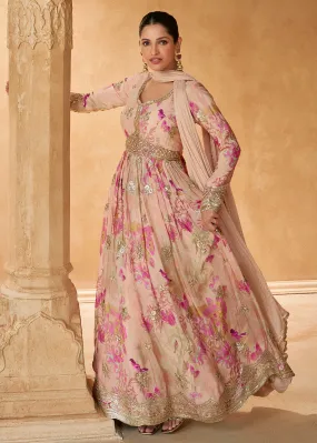 Peach Digital Printed Embroidered Chinnon Silk Anarkali Gown