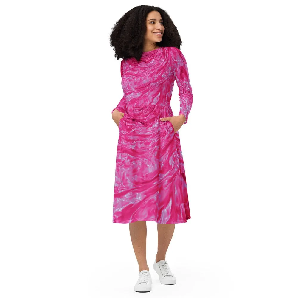 Pink Astrophysics Long-Sleeve Midi Dress with Pockets