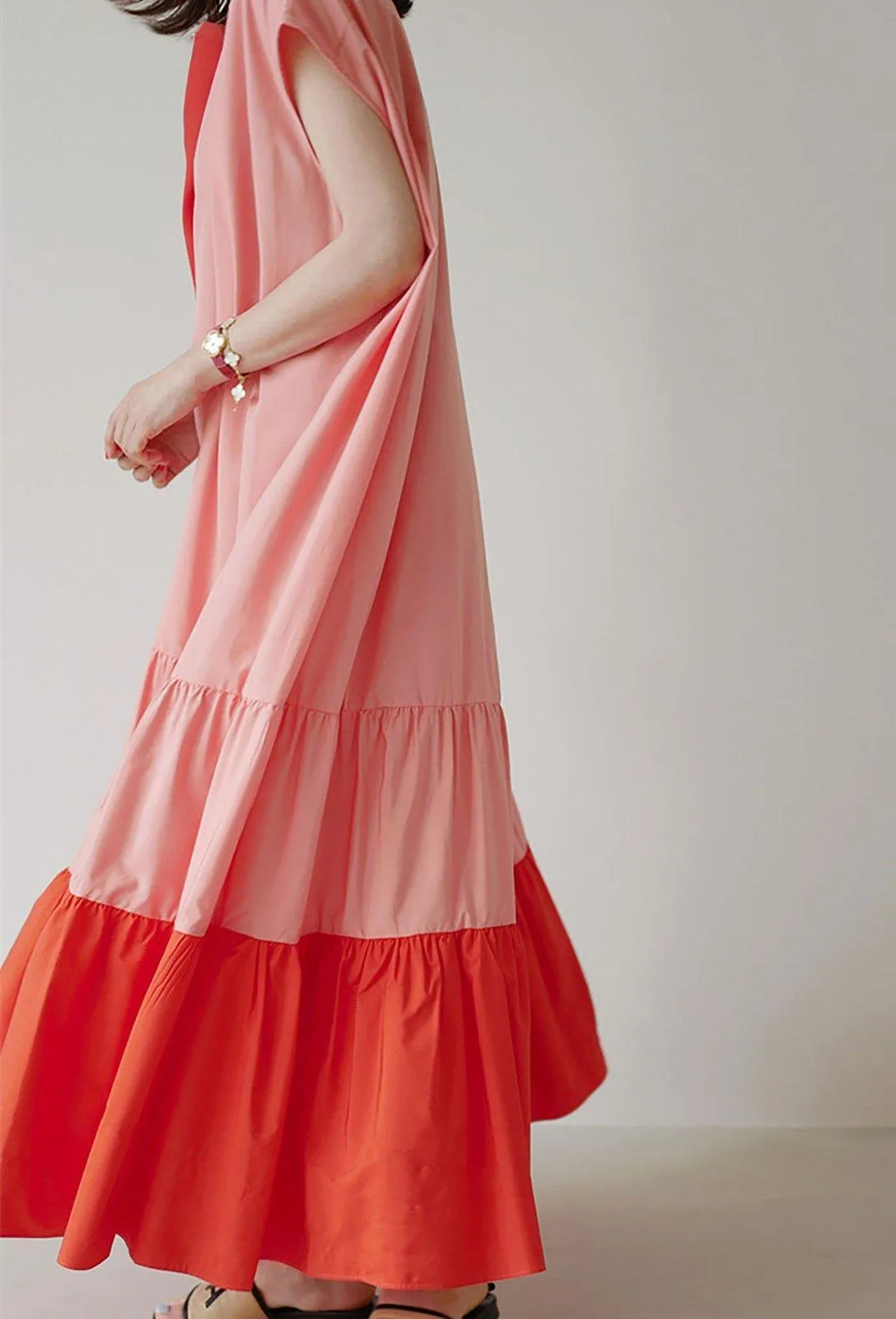 Pink Cap Sleeve Relaxed Ruffle Tiered Dress