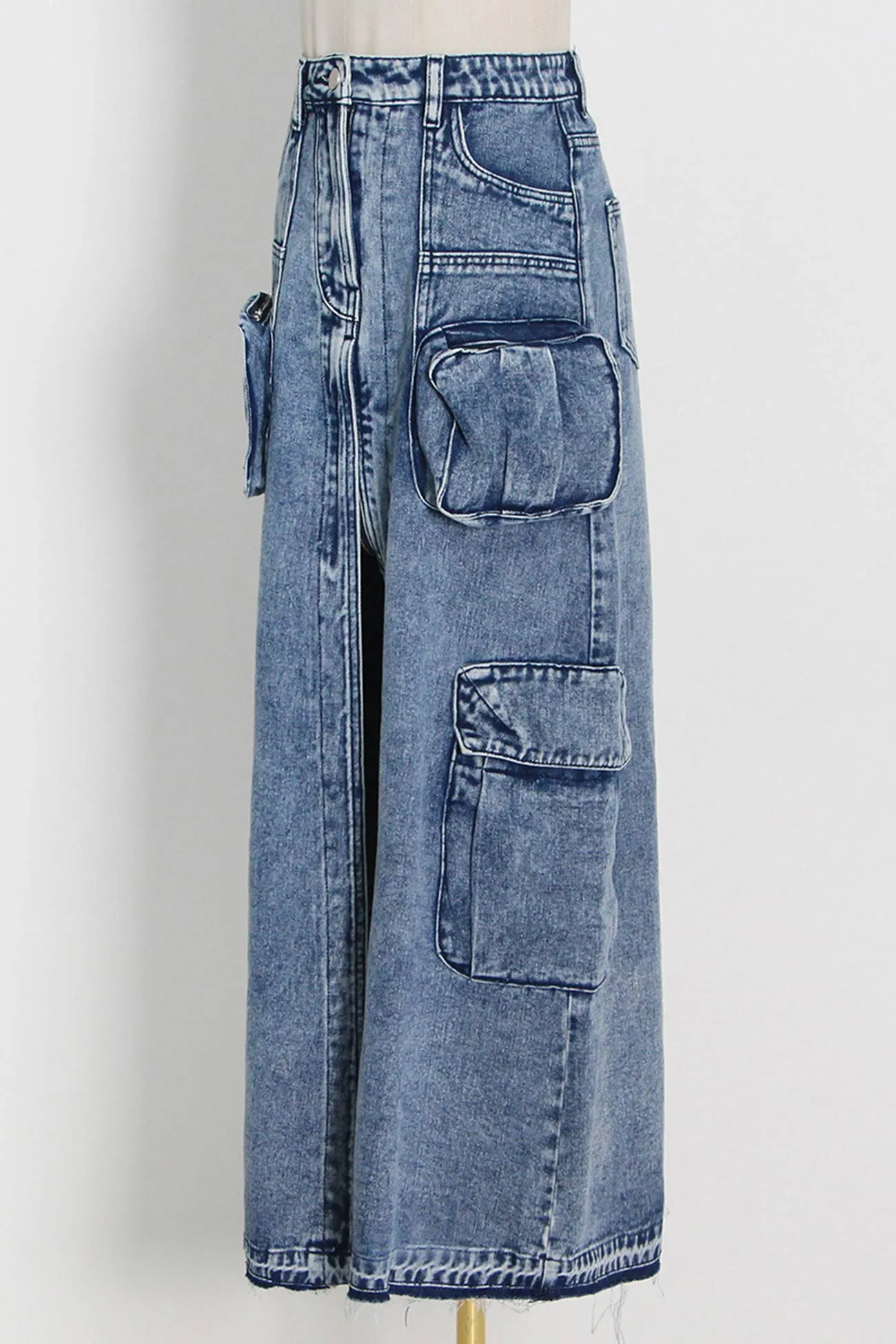 Pocket Patchwork Slit A-line Denim Cargo Skirt