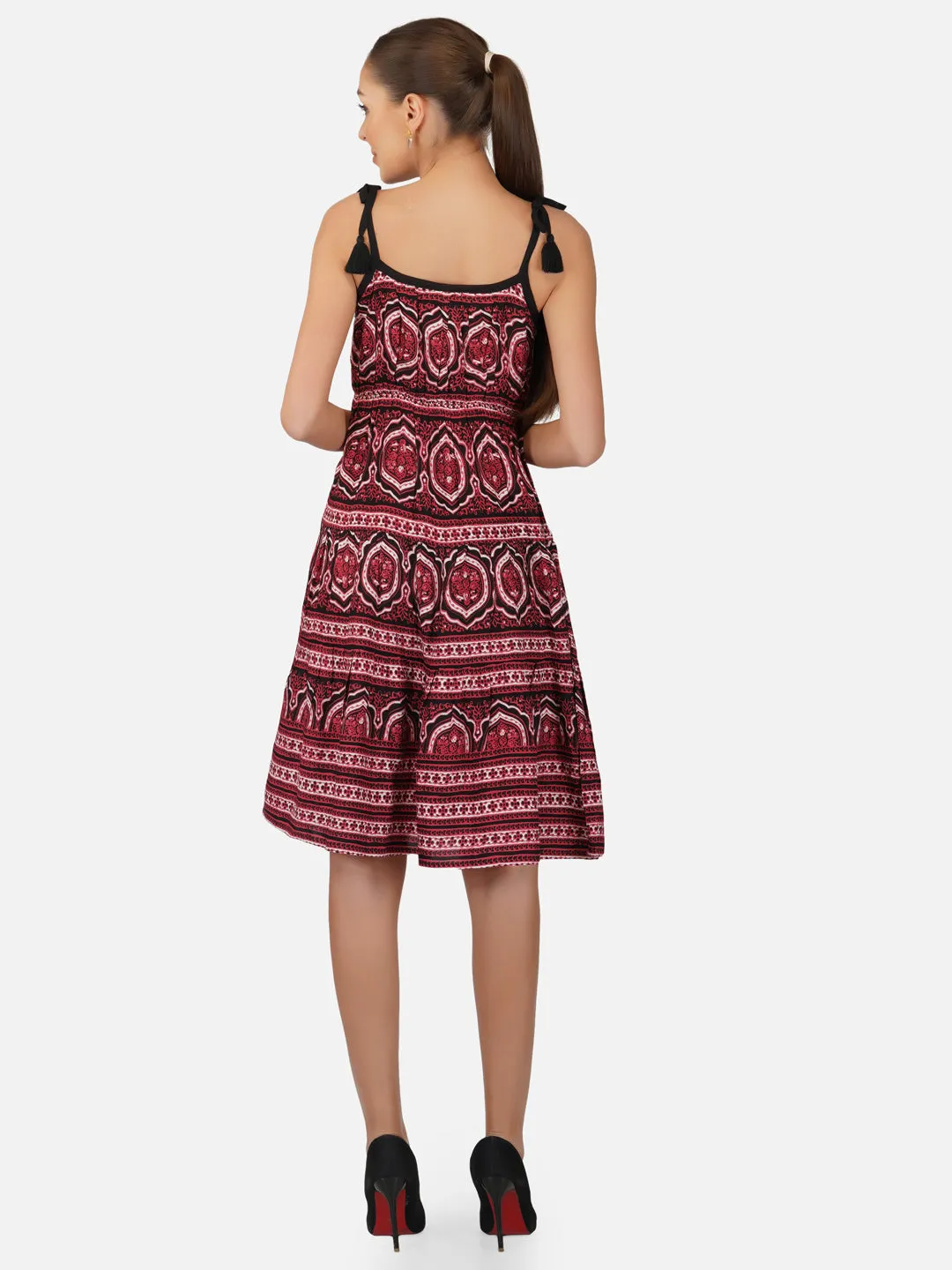 Porsorte Womens Red Printed Tie Up Strappy Casual Dress