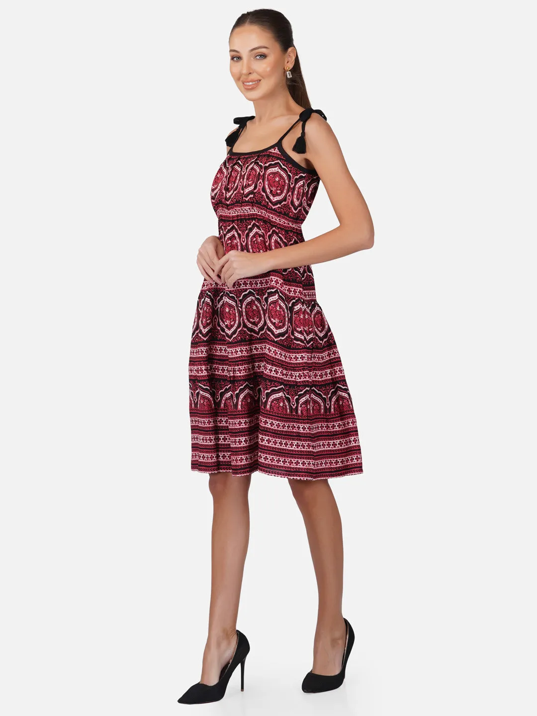 Porsorte Womens Red Printed Tie Up Strappy Casual Dress