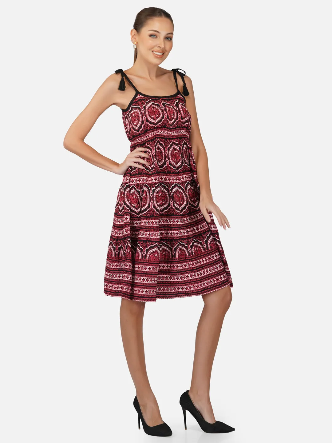 Porsorte Womens Red Printed Tie Up Strappy Casual Dress