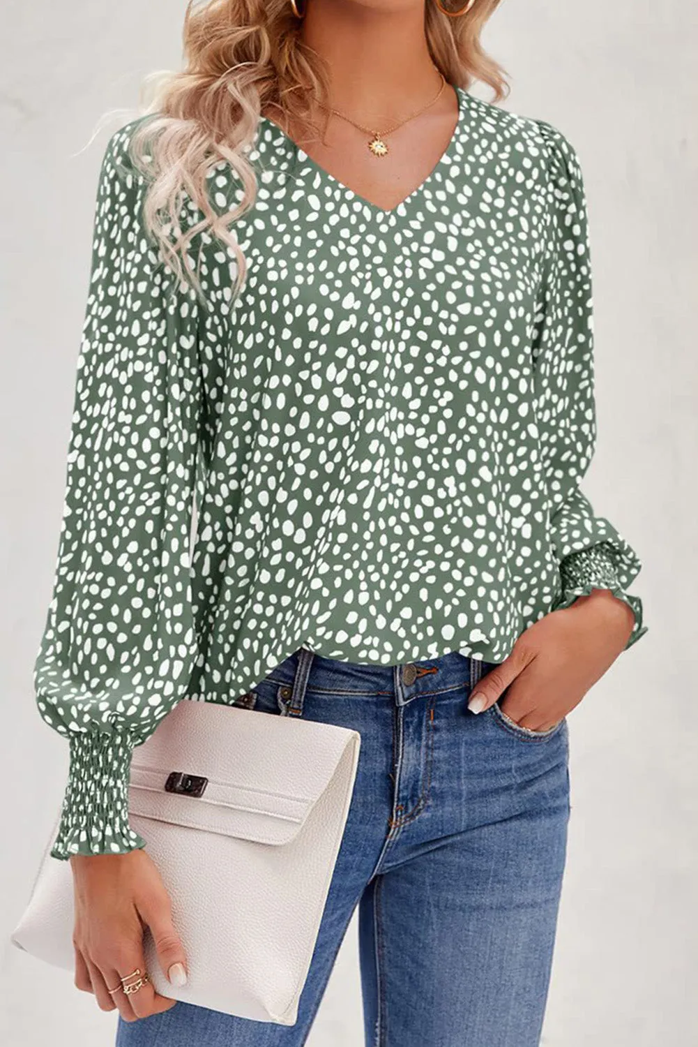 Printed V-Neck Smocked Lantern Sleeve Blouse