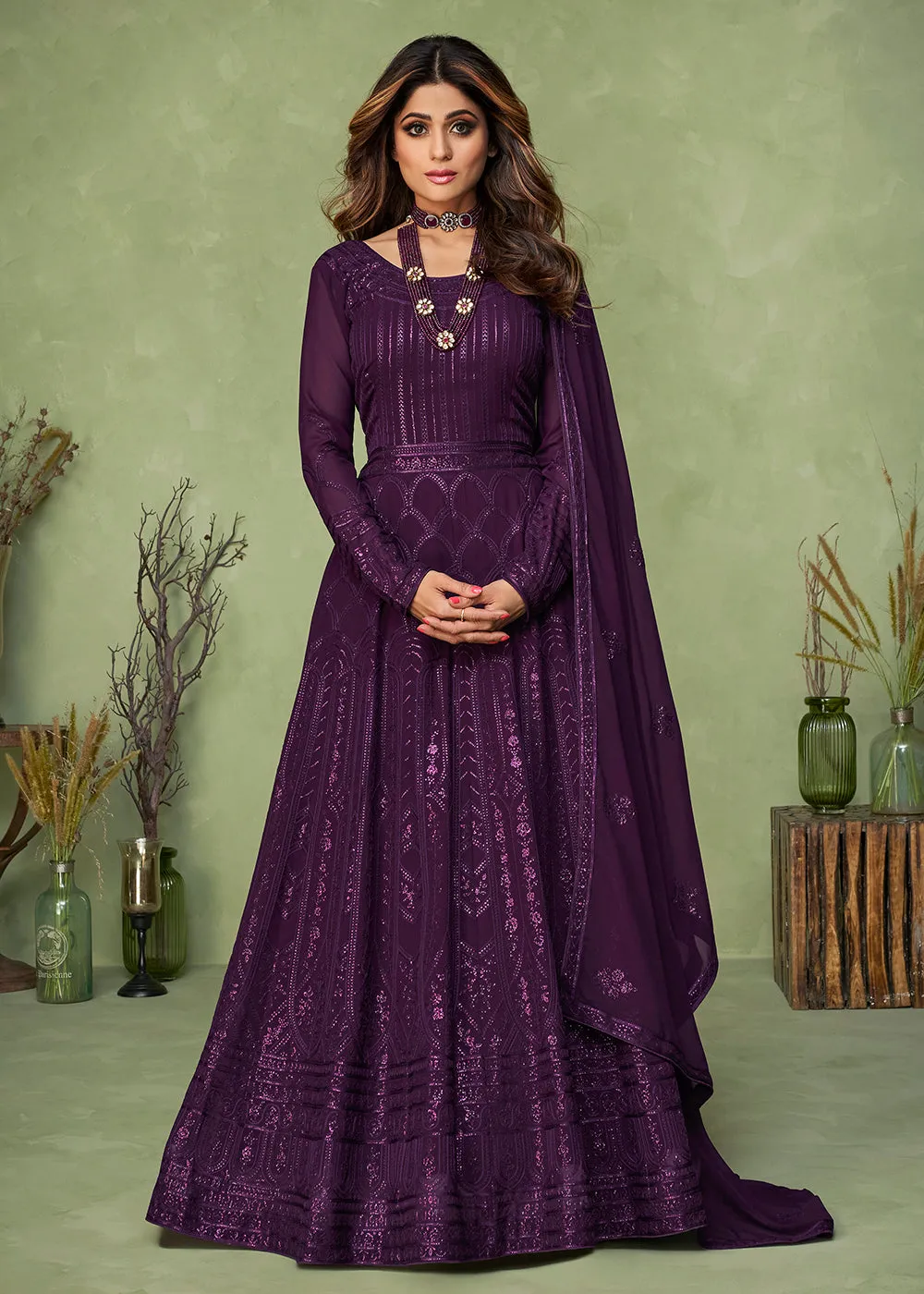 Purple Wedding Party Wear Shamita Shetty Anarkali