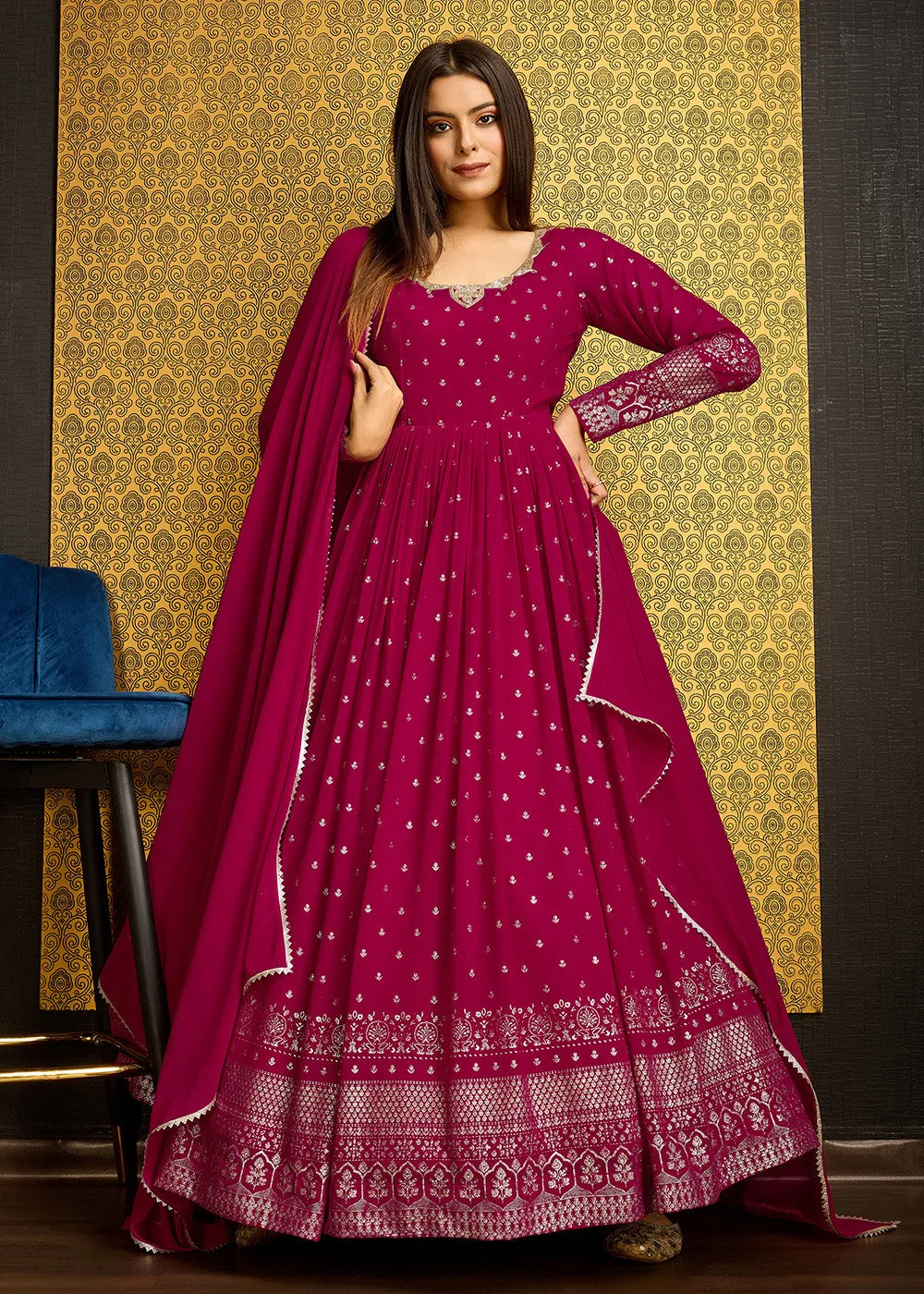 Rani Pink Metalic Foil Work Embroidered Wedding Wear Gown