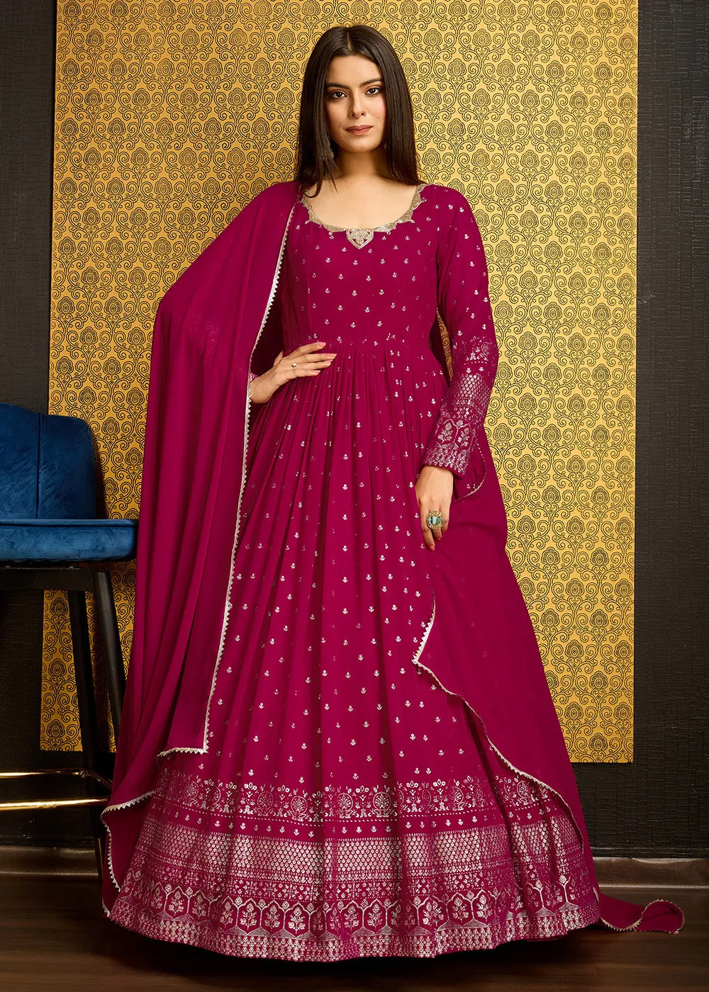 Rani Pink Metalic Foil Work Embroidered Wedding Wear Gown