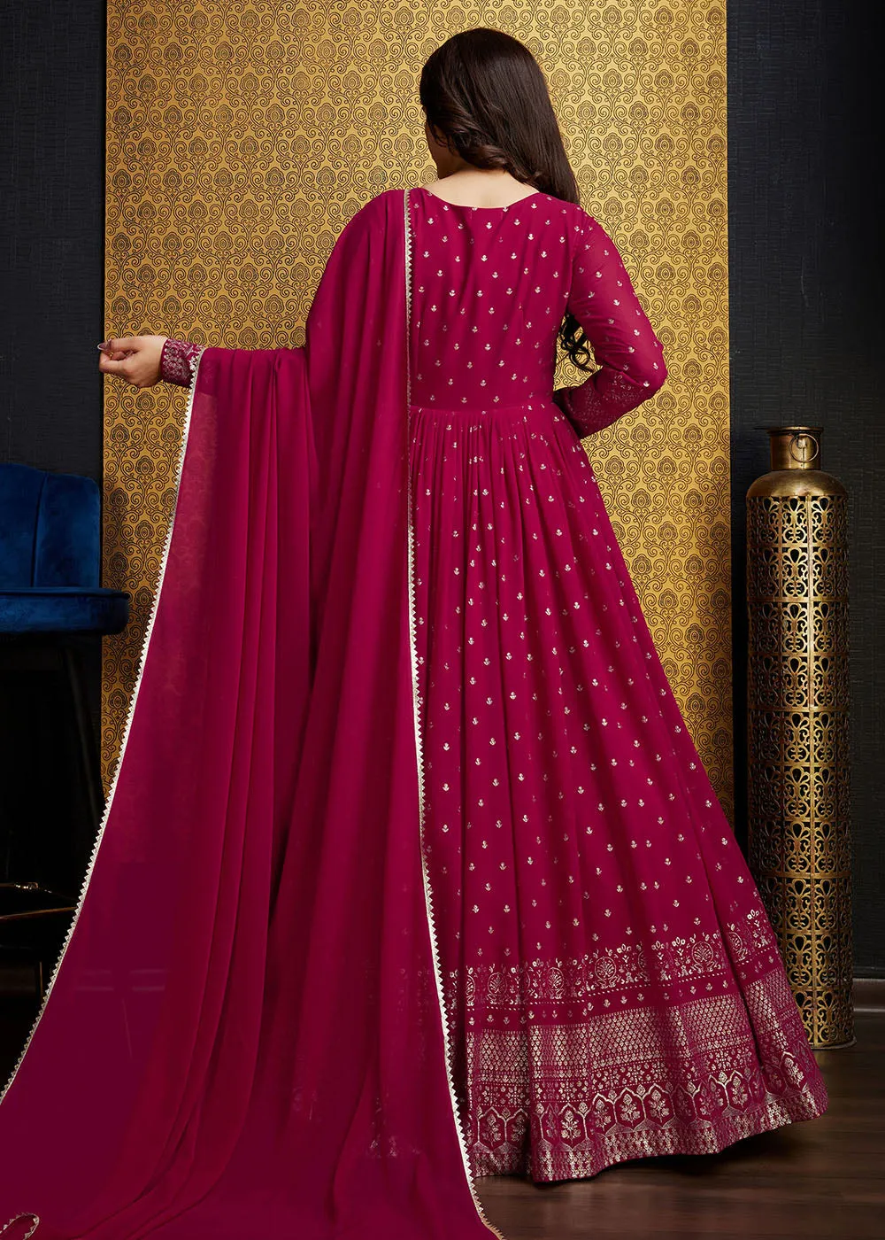 Rani Pink Metalic Foil Work Embroidered Wedding Wear Gown