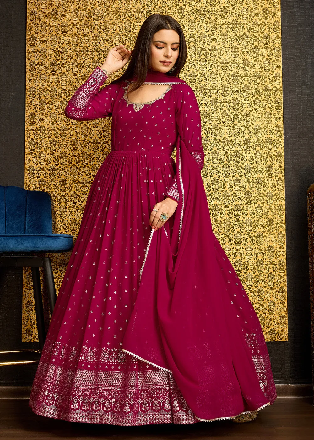 Rani Pink Metalic Foil Work Embroidered Wedding Wear Gown