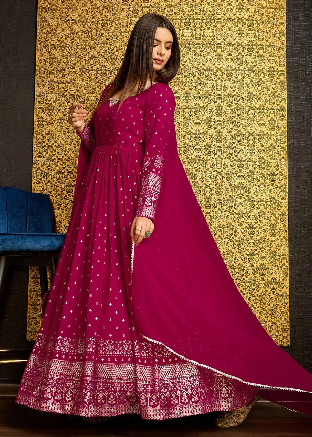 Rani Pink Metalic Foil Work Embroidered Wedding Wear Gown