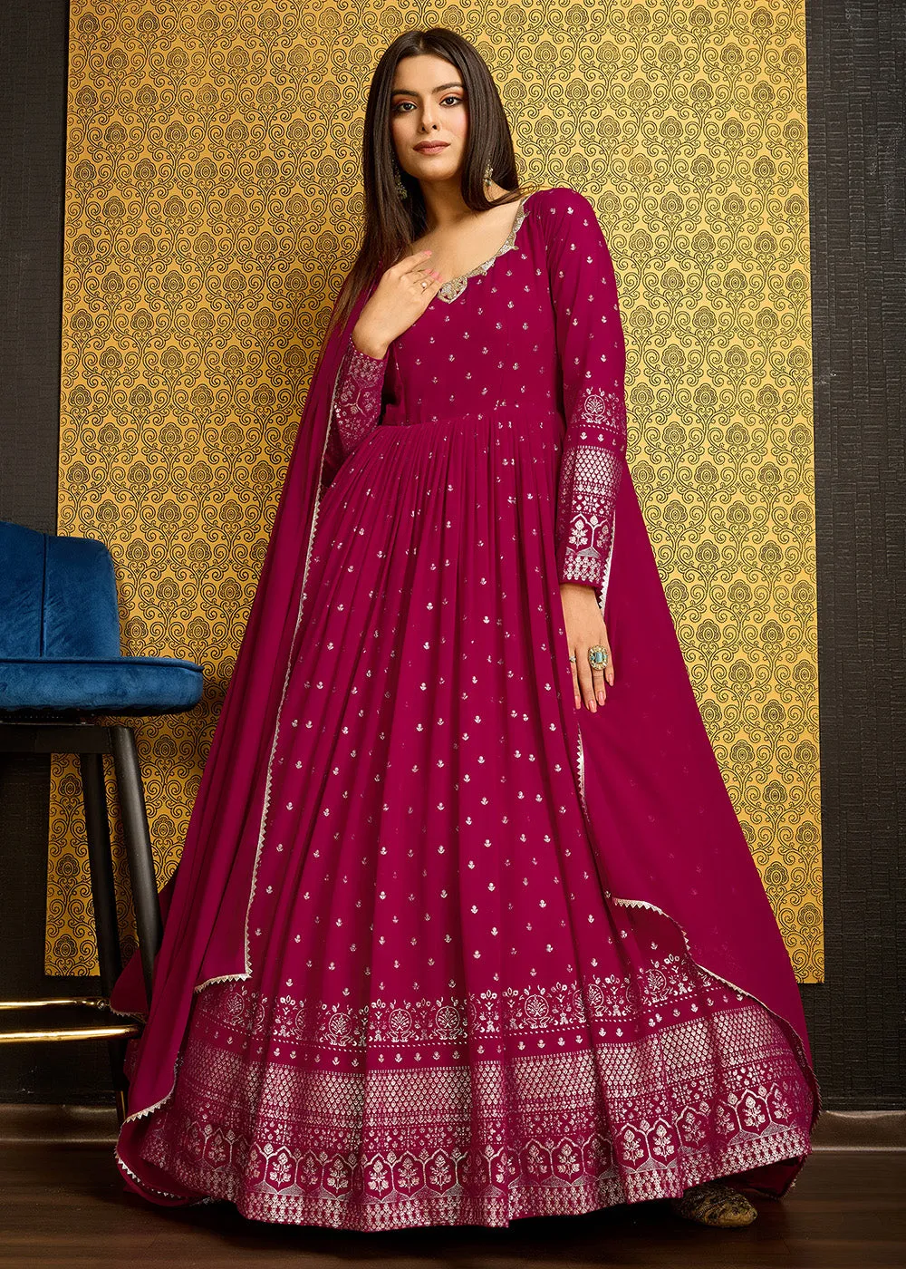 Rani Pink Metalic Foil Work Embroidered Wedding Wear Gown