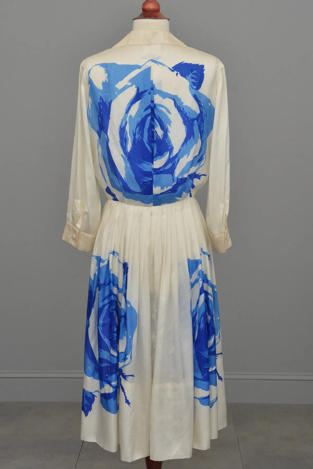 RESERVED Vintage 1950's Blue White Cabbage Rose Print Silk Dress