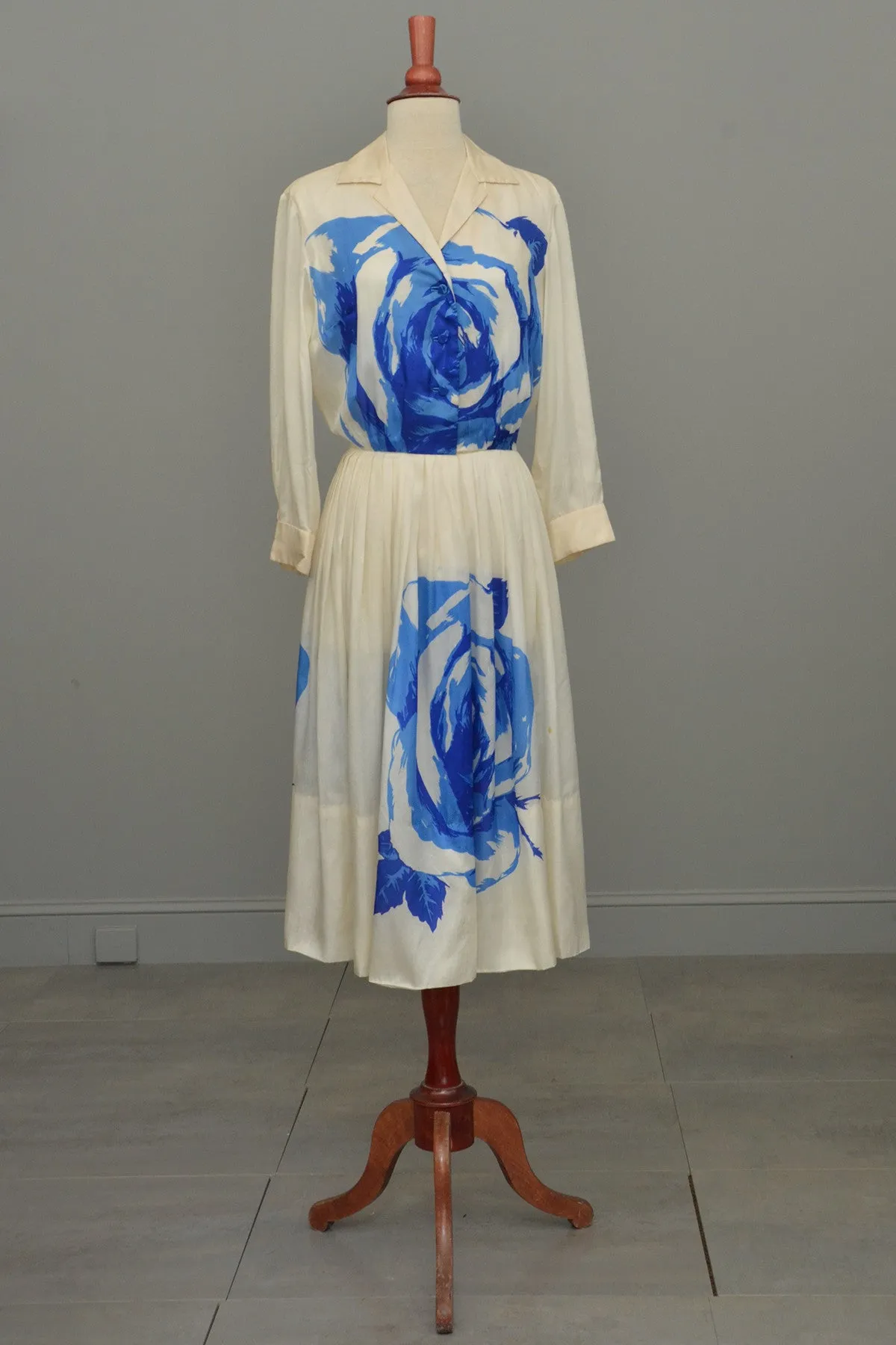 RESERVED Vintage 1950's Blue White Cabbage Rose Print Silk Dress