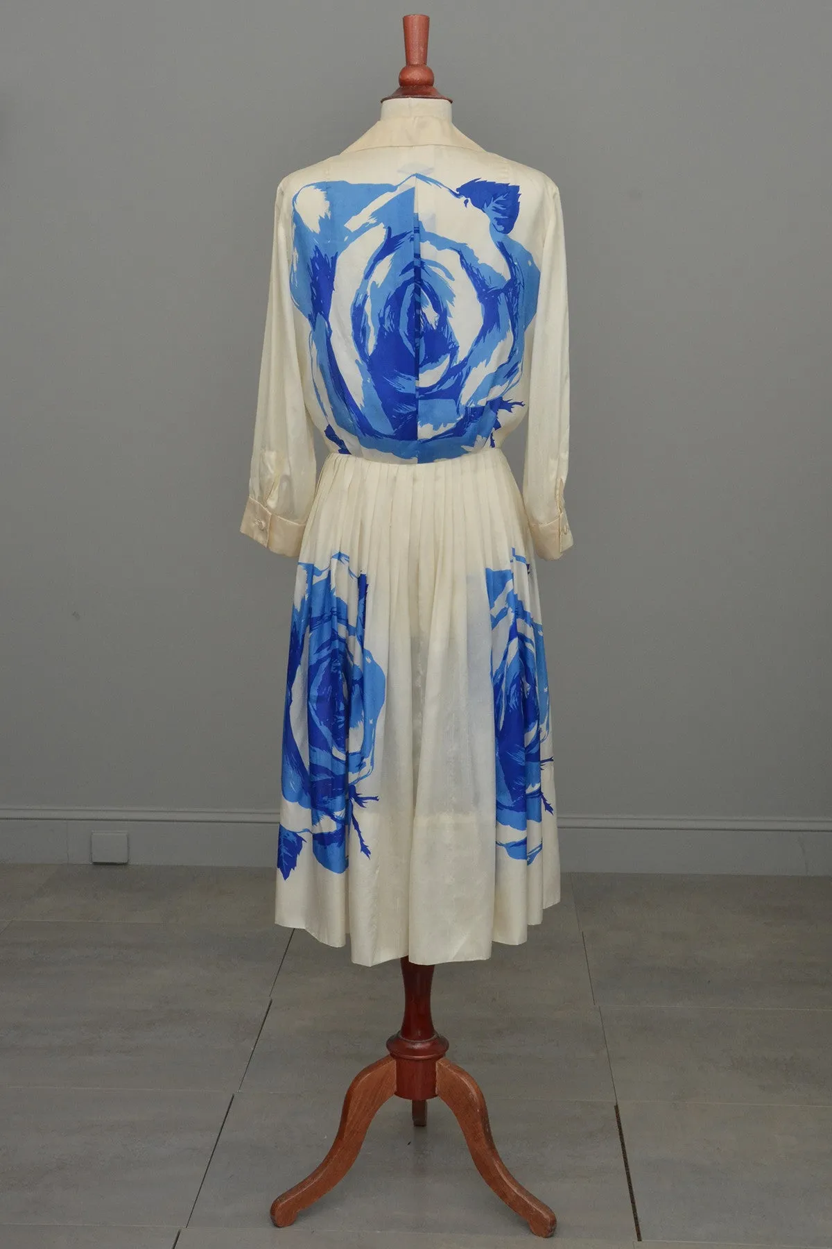 RESERVED Vintage 1950's Blue White Cabbage Rose Print Silk Dress