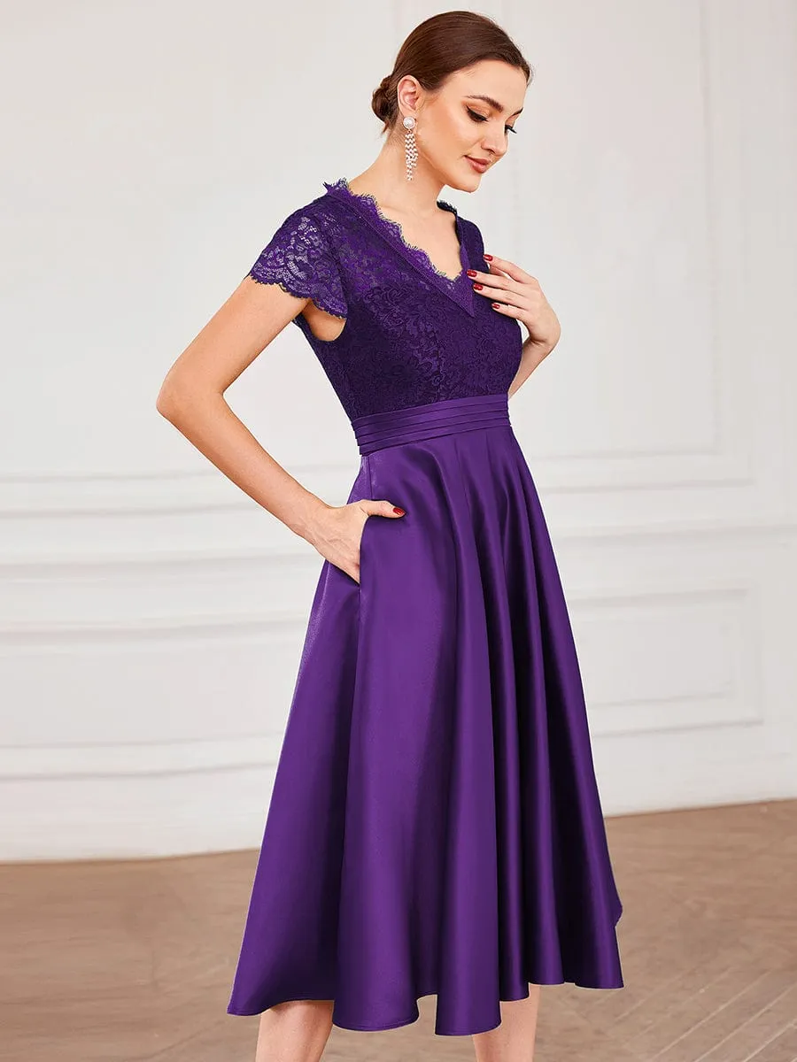 Romantic V-neck Lace Bodice Wedding Guest Dress with Pockets