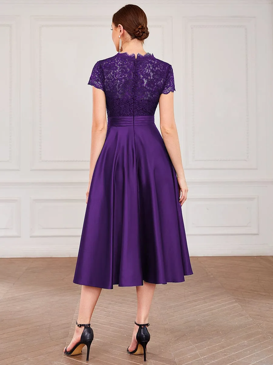 Romantic V-neck Lace Bodice Wedding Guest Dress with Pockets