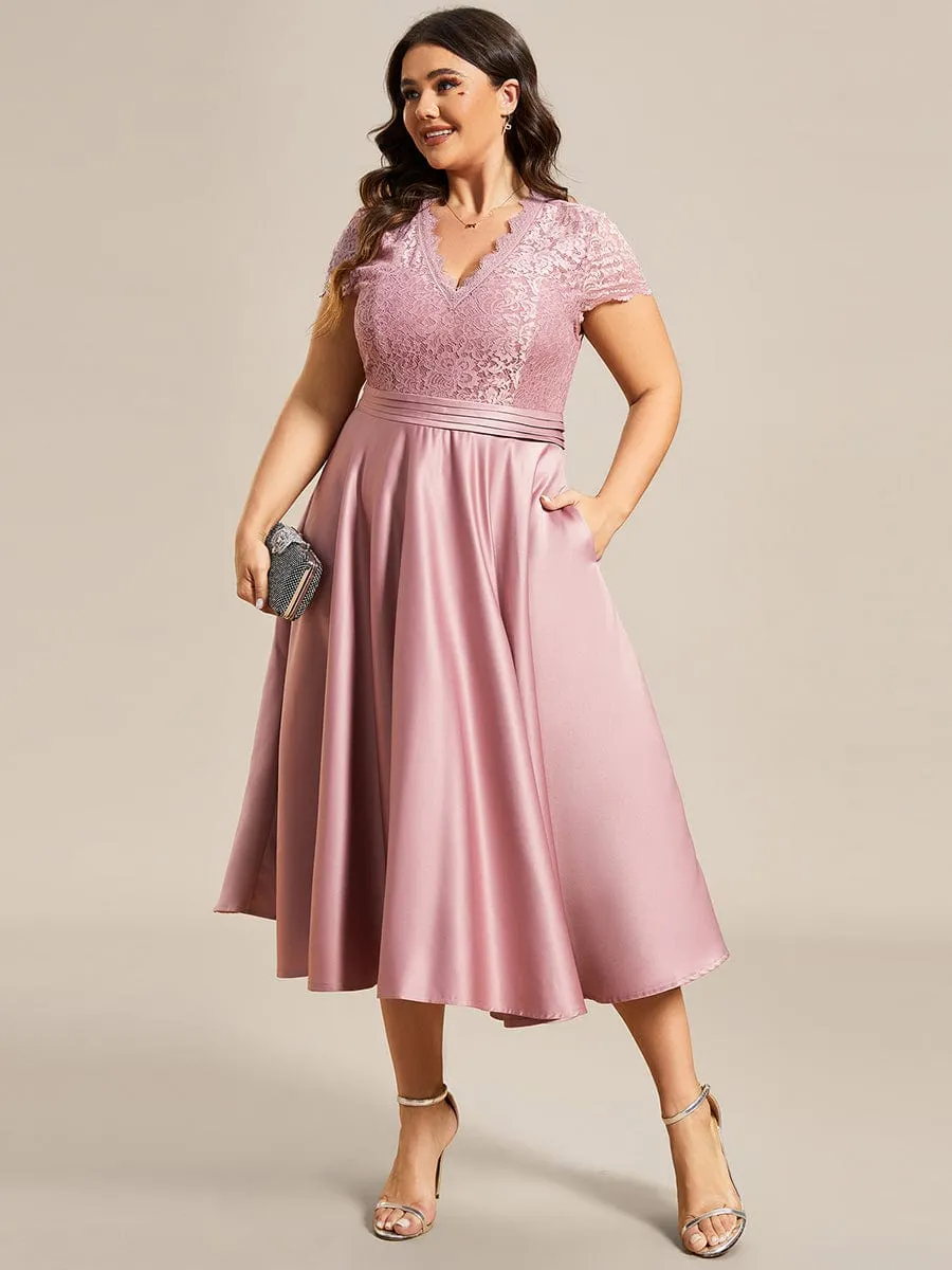 Romantic V-neck Lace Bodice Wedding Guest Dress with Pockets