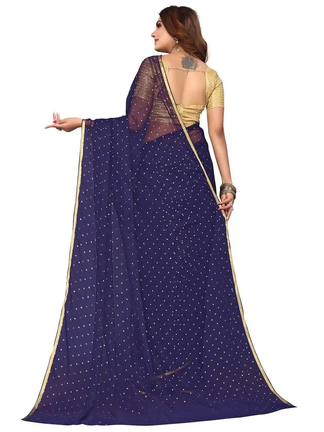 SIRIL Women's Jari Border & Mukaish Work Chiffon Saree with Unstitched Blouse Piece(2811S291A_Navy Blue1)