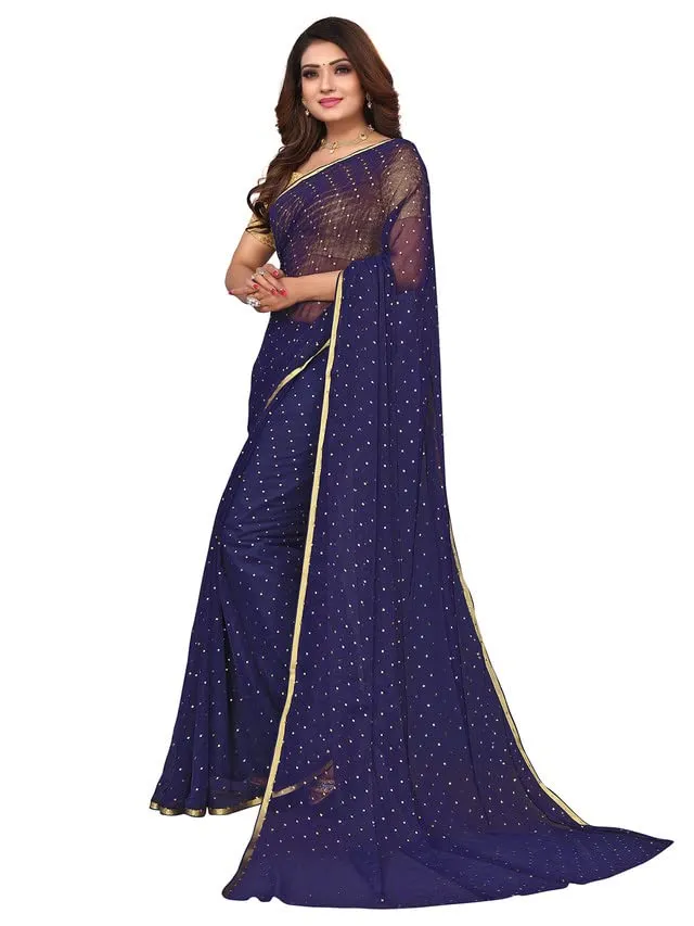 SIRIL Women's Jari Border & Mukaish Work Chiffon Saree with Unstitched Blouse Piece(2811S291A_Navy Blue1)